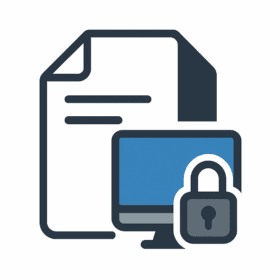 Icona stilizzata che rappresenta un documento elettronico con un monitor e un lucchetto, simboli di registro digitale e sicurezza dei dati.